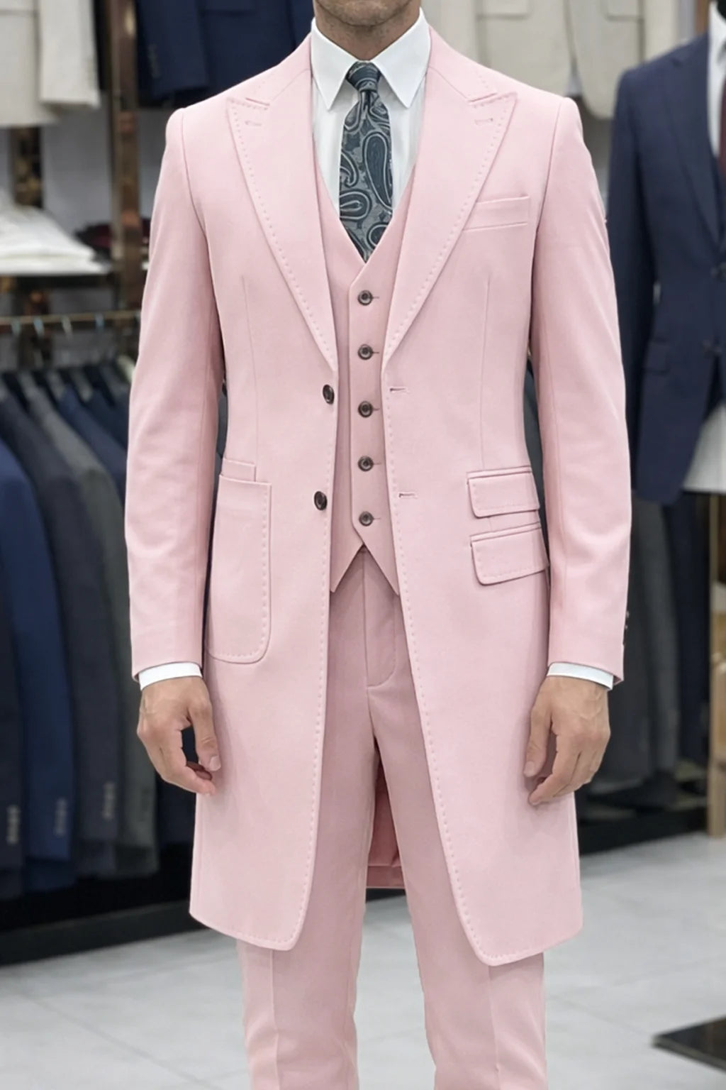 2026 New Fashion Men's Burgundy Blue 3-Piece Suit Long Blazer Vest Pants Set  Set Slim Fit Formal Wedding Groom