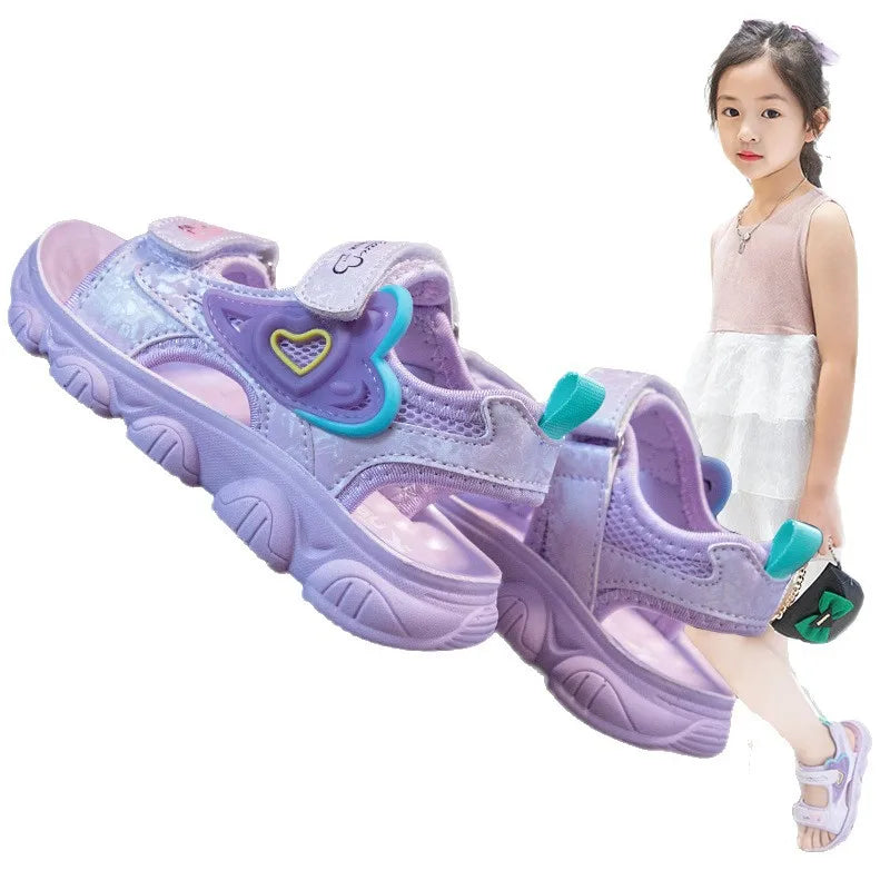 2026 New Summer Girls Sports Sandals Love Heart Decor Soft Non-Slip Beach Sandals For 3-12 Years Old Kids