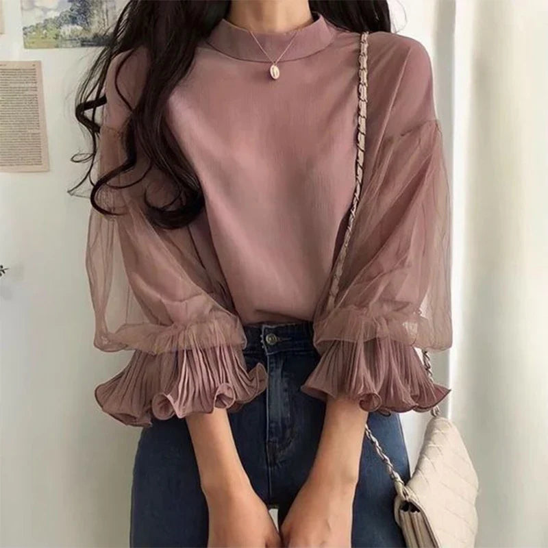 Women Elegant Party Blouse Vintage Mesh Ruffle 3/4 Sleeve Tops 2024 Autumn Stand Collar Shirts Korean Version Loose Tunic