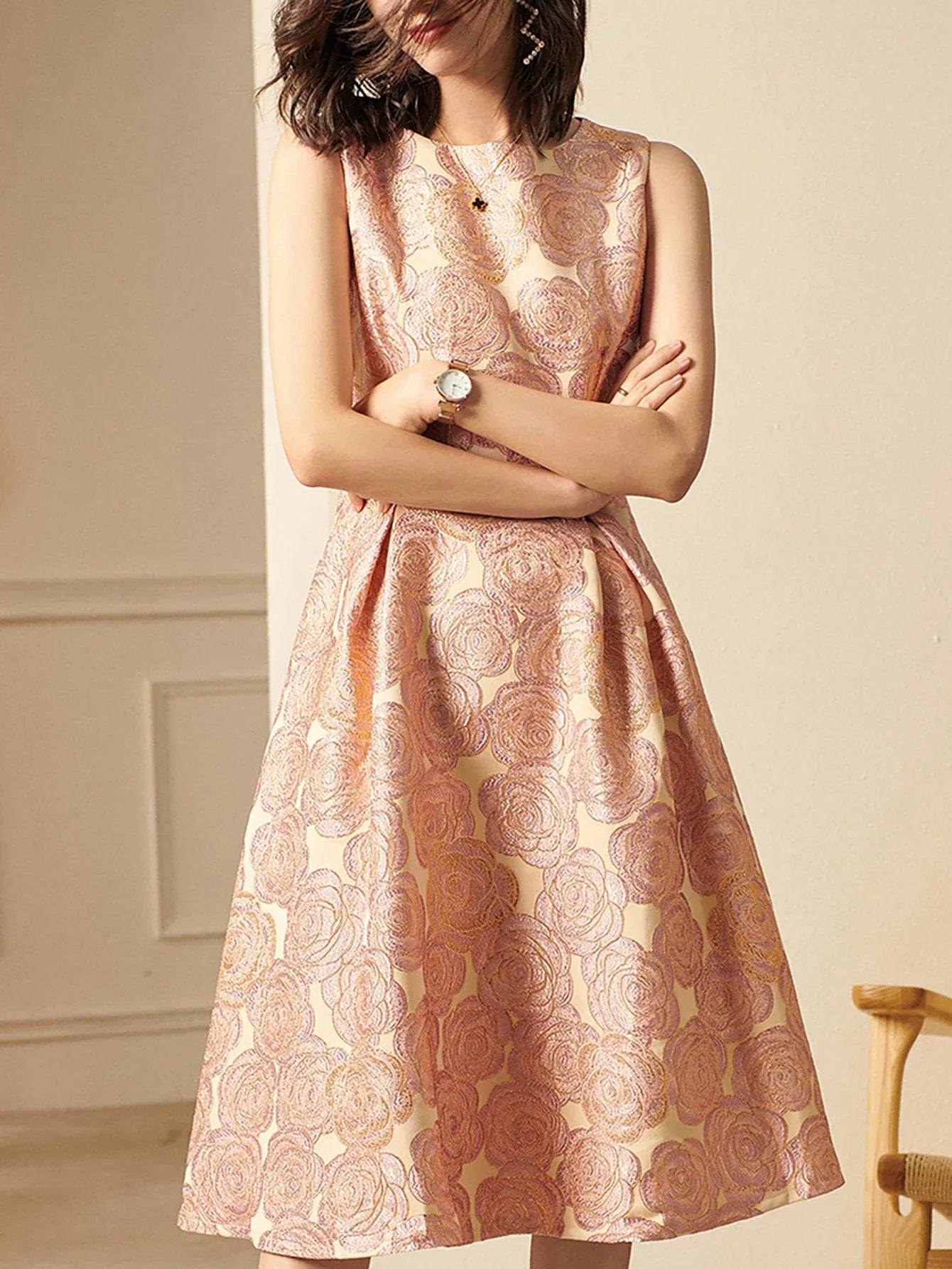 Elegant Women Sleeveless Summer Jacquard Boho Floral Vintage Ladies Party Clothes New A-Line Midi Dress Ladies Gowns