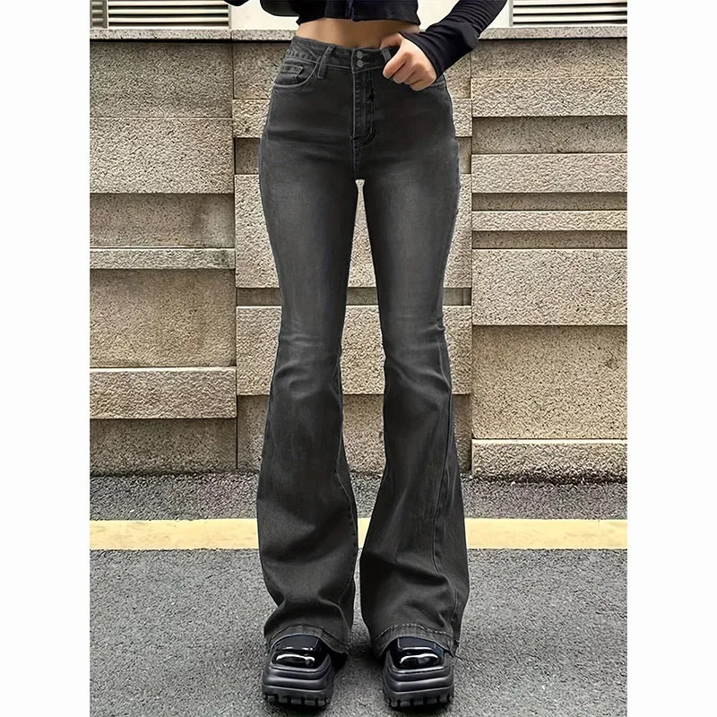 Retro Solid High Waist Flared Jeans Girls Casual Bell Bottoms Trousers