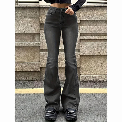 Retro Solid High Waist Flared Jeans Girls Casual Bell Bottoms Trousers