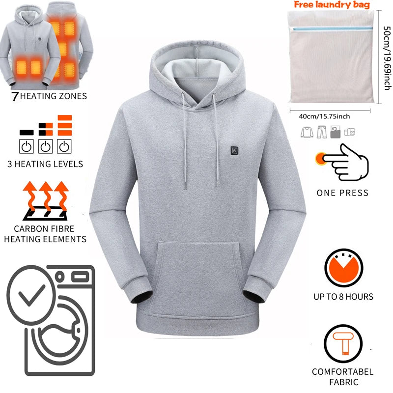 New Intelligent USB Heating Hoodie for Men Women Winter 7 Areas Coral Fleece Hooded Heated Clothes Outdoor Thermal Sportswear