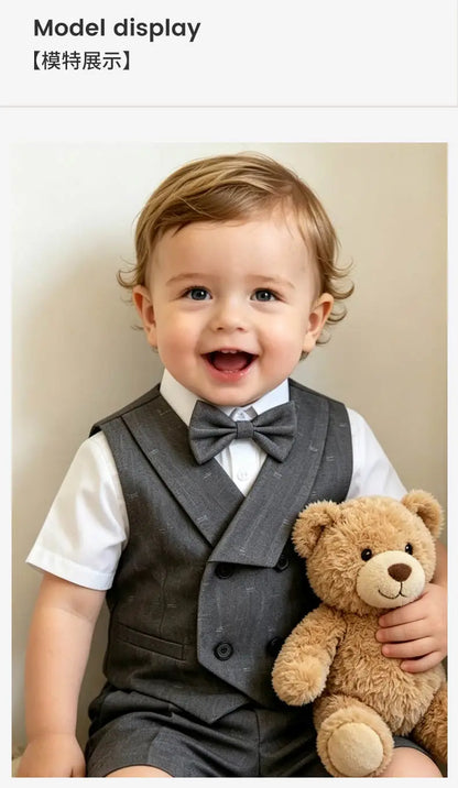 Kids Boys Formal Suit Set Denim Gray Vest Shorts Bowtie 3PCS Wedding Birthday Party Gentleman Outfit for Toddler 1-8Yrs Clothes