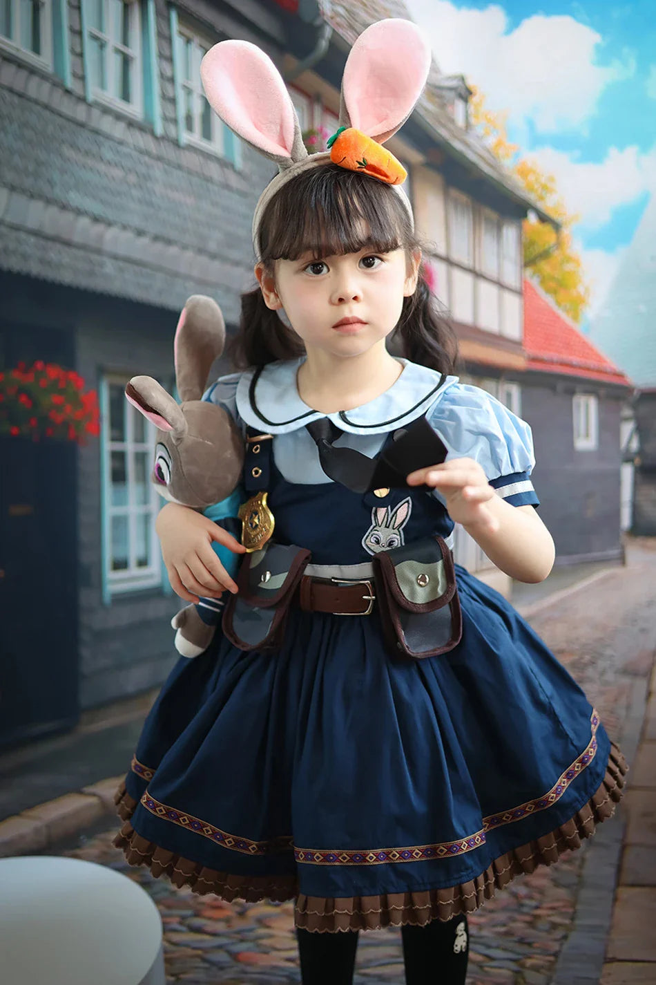 Judy Cosplay Costume Kids Carnival Party Dress Girls Tie Headdress Belt Socks Sets Police Role Play Movie Uniform Birthday Gift