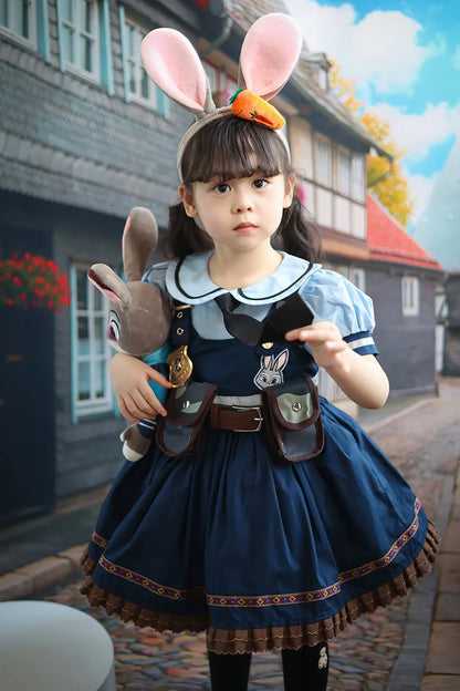 Judy Cosplay Costume Kids Carnival Party Dress Girls Tie Headdress Belt Socks Sets Police Role Play Movie Uniform Birthday Gift