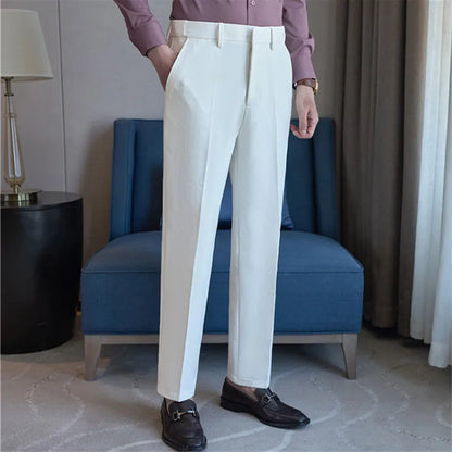 Spring Autumn Suit Pants Men Solid Color Fashion Slim Fit Smart Casual Suit Trousers Mens Elastic Waist Korean Full Length Pants