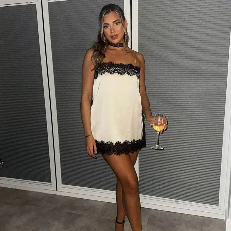 Elegant Sexy Lace Splice Satin Tops for Women Sleeveless Backless Beach Chic Tops Cropped Camisole Christmas Evening Party Tops