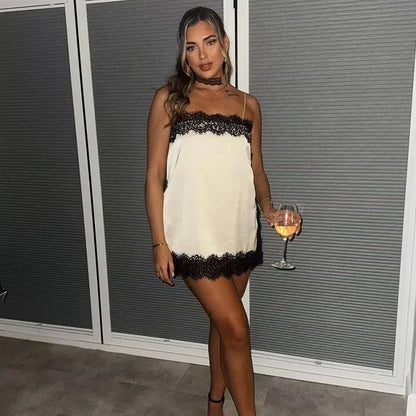 Elegant Sexy Lace Splice Satin Tops for Women Sleeveless Backless Beach Chic Tops Cropped Camisole Christmas Evening Party Tops