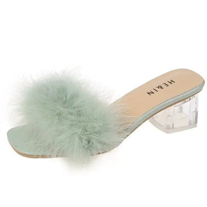 2023 Fluffy Peep Toe Sexy High Heels Women Shoes Fur Feather Lady Fashion Wedding Slip-On Pink Square Toe Women Sandals