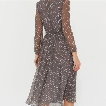 Spring and Summer Chiffon Dress Long Sleeved Solid Color Polka Dot Dress Elegant Lantern Sleeve Round Neck High Waisted Dresses