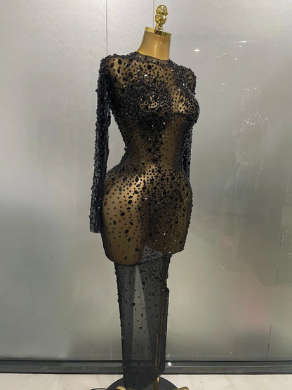 Shinny Rhinestone Stretch Mesh Transparent Long Dress 2025New Women Evening Birthday Party Prom Nightclub Singer Stage Wear