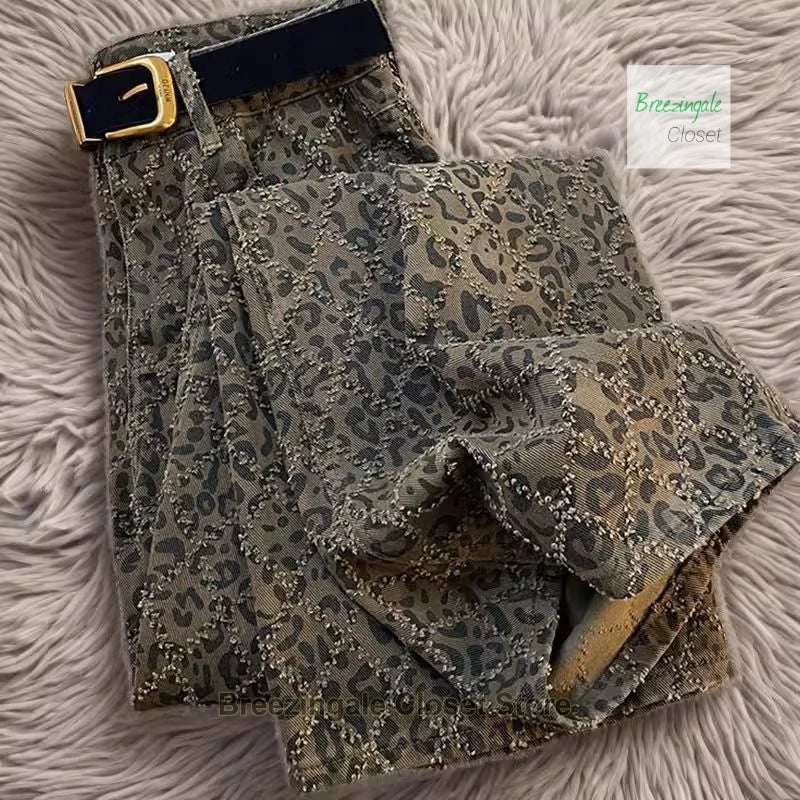 American high street leopard jeans women spring and summer new niche fashion design retro casual slim straight wide-leg pants.