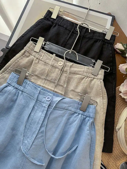 Japanese Simple Solid Color Pure Cotton Linen Casual Versatile Straight Elastic Waist Shorts Women's Middle Pants