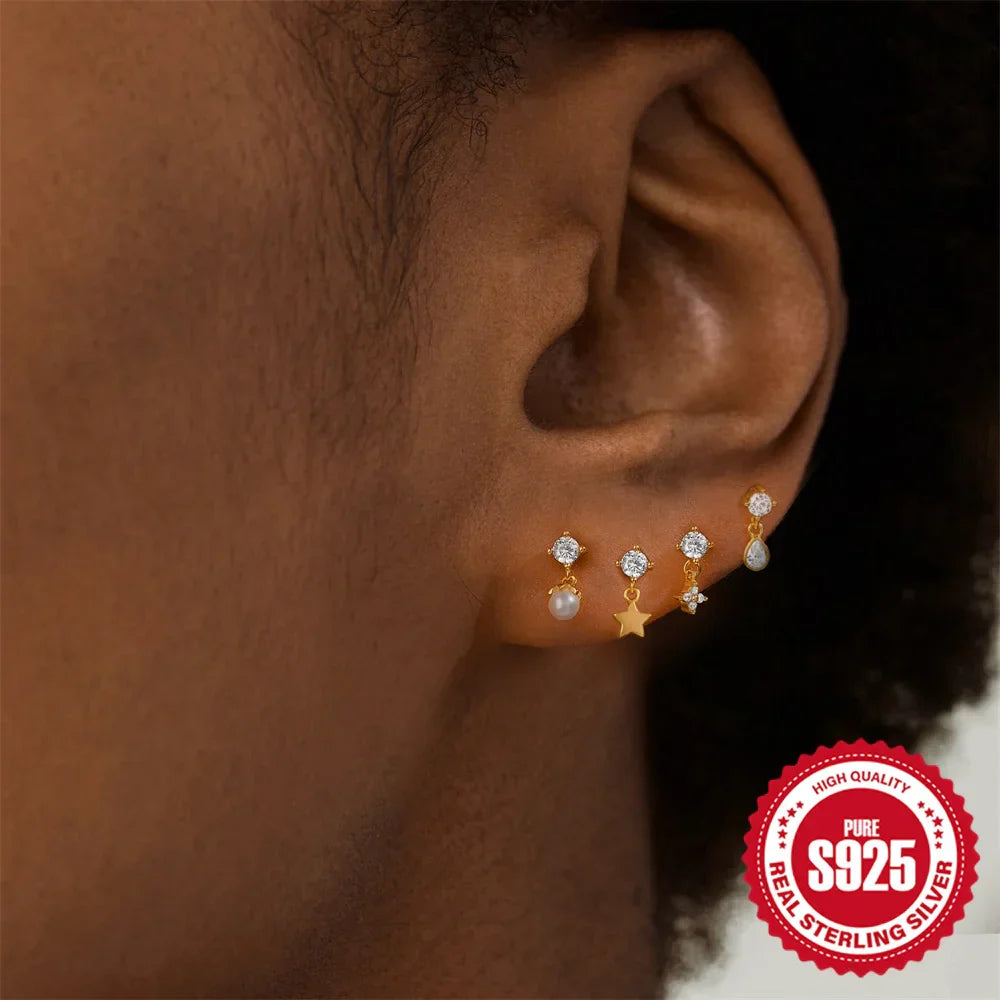 1PC Four Pointed Star Moon Tassel Lotus Cartilage Spiral Puncture 925 Sterling Silver Stud Earring For Women Ins Earring