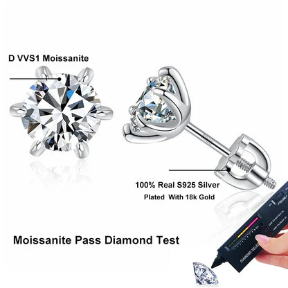 NeeTim 1ct 2ct Moissanite Screw Earrings for Women 925 Sterling Silver with Gold Plated Diamond Wedding Party Girl Stud Earrings