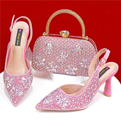 Nigerian Heel Party for Women Pink Color Shoes and Bag Set Rhinestone Handbag Italian Design Wedding INS 2025