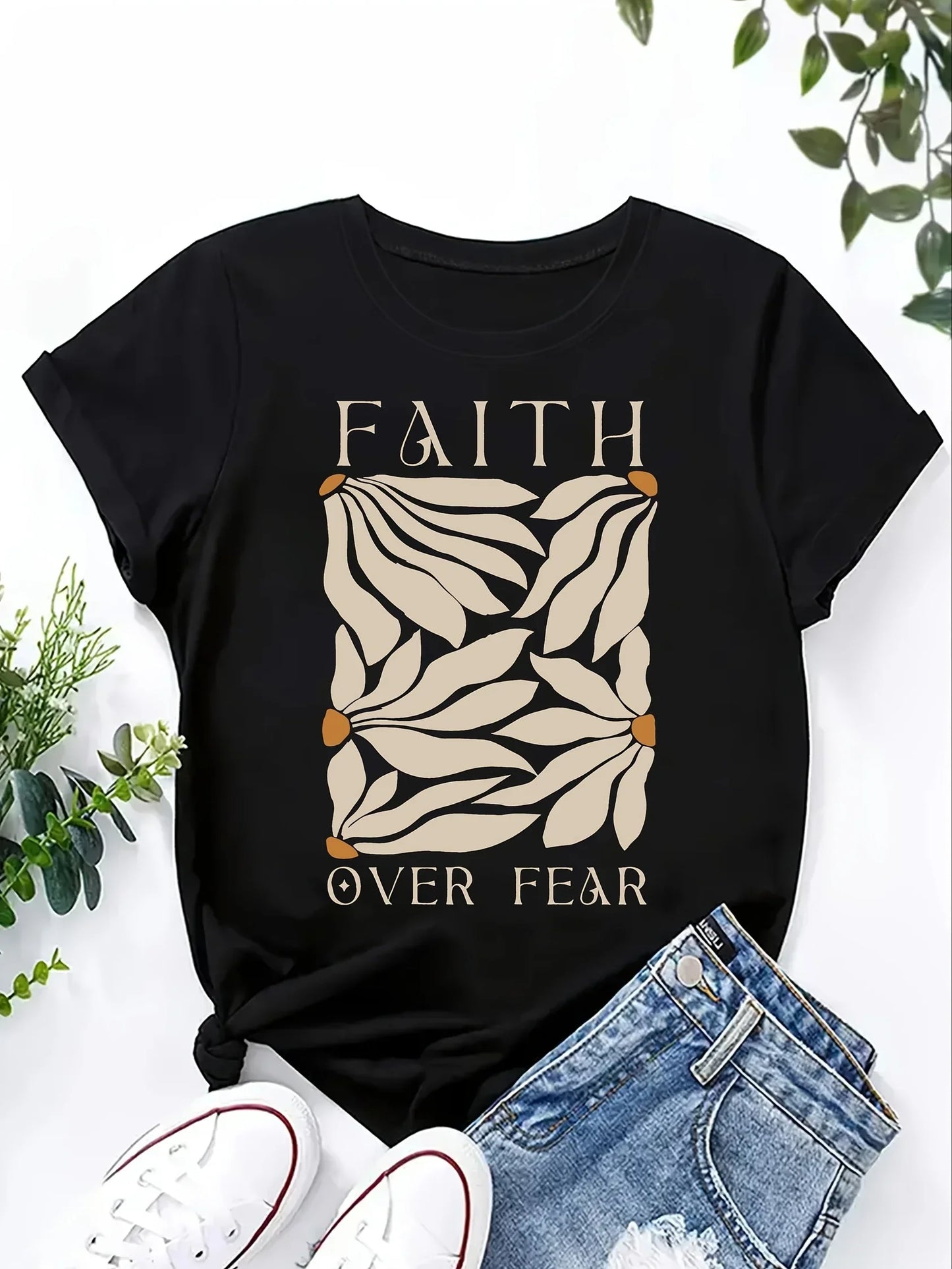 Faith Over Fear Women's Tee - Minimalist Leaf Graphic, Inspirational Casual Top