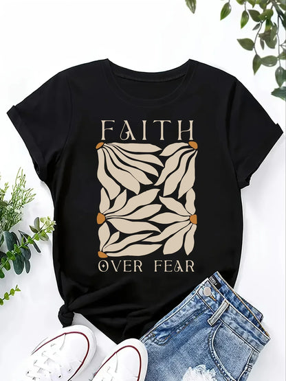 Faith Over Fear Women's Tee - Minimalist Leaf Graphic, Inspirational Casual Top