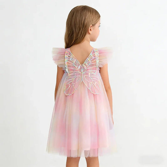 Vestido Infantil Camadas de Tule Colorido Arco-Íris Degradê com Asas de Borboleta Brilhantes para Apresentações Infantis