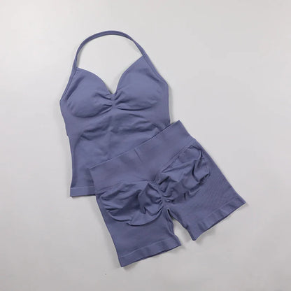 Yoga Longline Strappy Top Leggings Set Women's Backless Camisole Built-In bra Vest High-Waisted Hip Lift Gym Shorts Sports Set