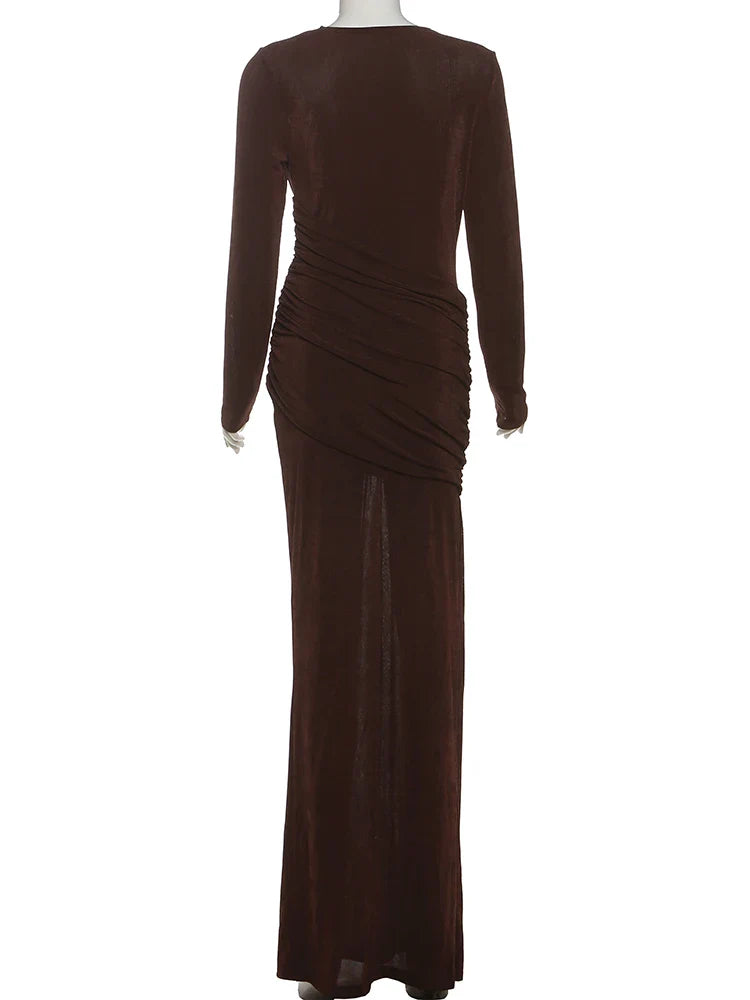 Folds Maxi Dress Women o-Neck Full Sleeve Solid Banquet Elegant Vacation Fashion Autumn Skinny Casual Simple Vestidos