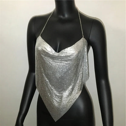 Shiny Metal Sequins Tank Tops For Women Sexy Backless V Neck Adjustable Chain Crop Top Lady Festival Rave Party Club Camisole