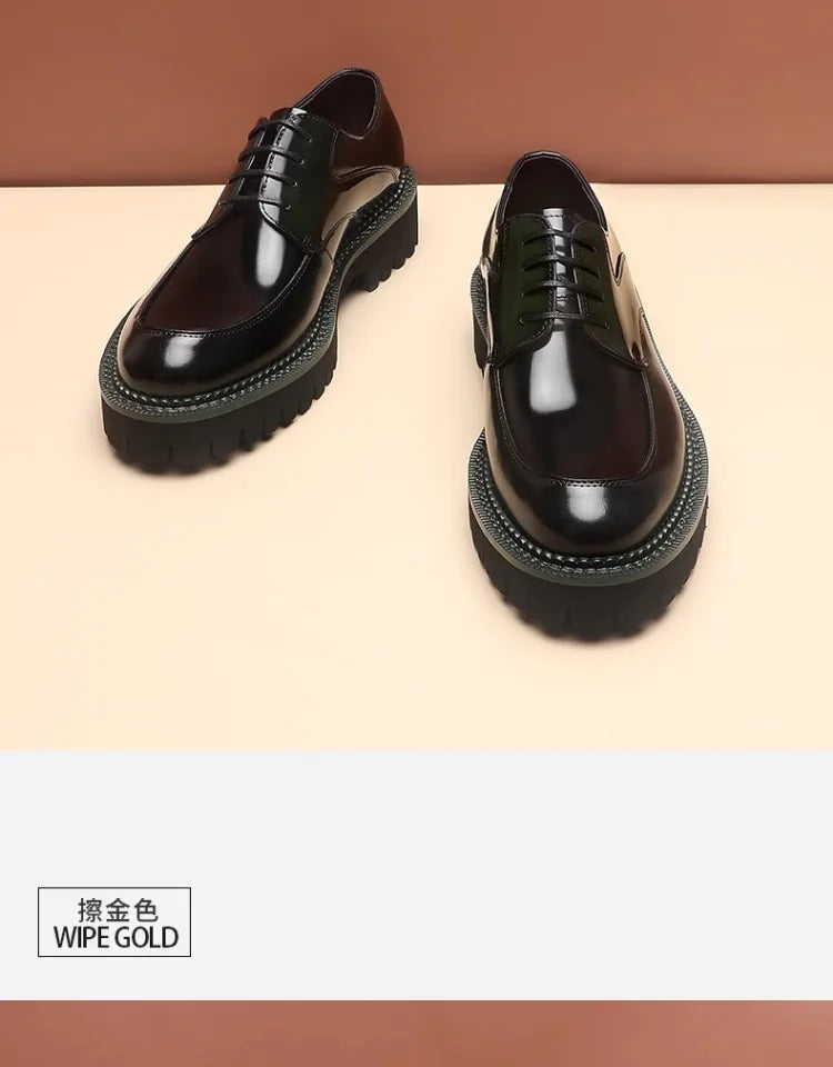 Spring and Autumn New Men's Business Casual Shoes Genuine Leather Thick Soled Round Toe British Formal Derby Shoes