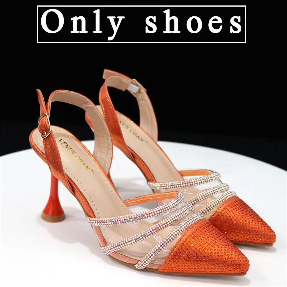 Newest INS Style Orange Color Elegant High Heels Nigeria Popular Design African Ladies Shoes And Bag Set