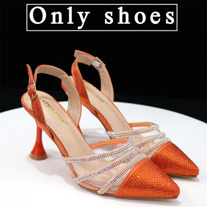 Newest INS Style Orange Color Elegant High Heels Nigeria Popular Design African Ladies Shoes And Bag Set