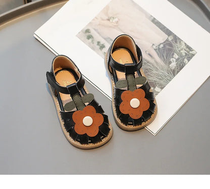 Children's Shoes Girls Sandals Beauty Large Flower Summer New Closed Toe Fashion Soft Bottom Kids Baby Girl Beach Shoes I04254