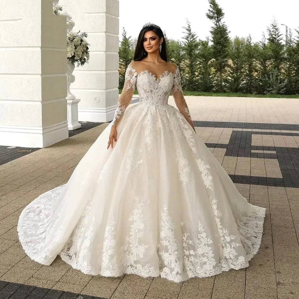 Customized Illusion Neck Church Wedding Dresses Long Sleeve Robe Lace Beading Bride Dress Ball Gown Women Vestidos de novia