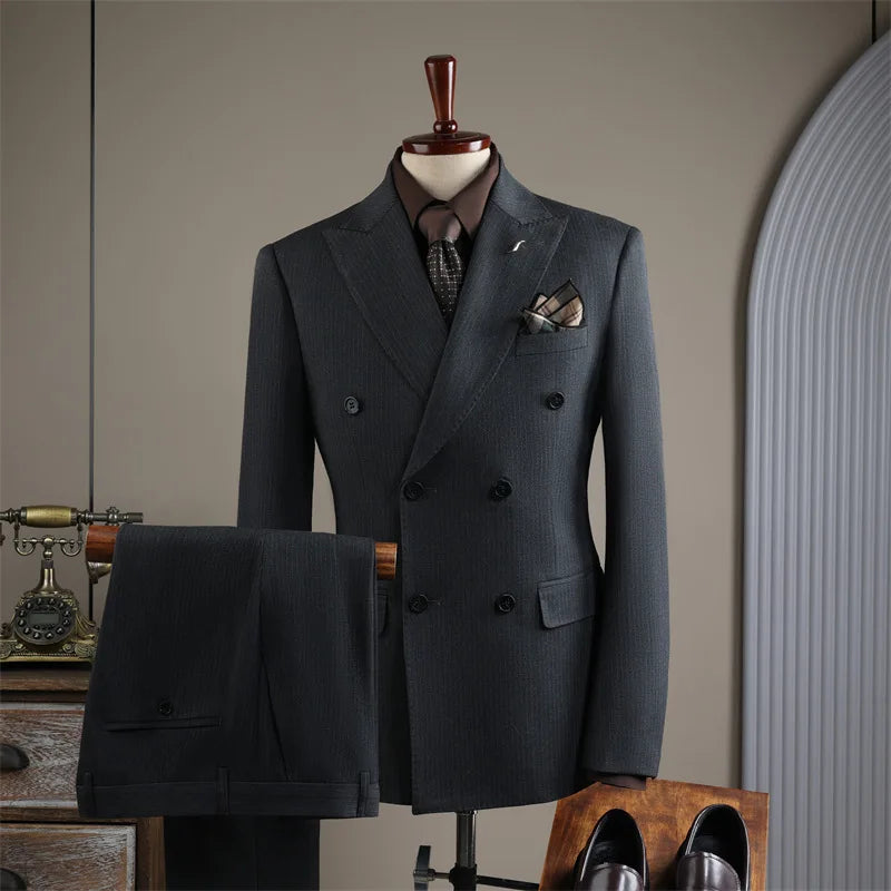 Terno Masculino de Alta Qualidade Formal Social Slim Fit Abotoamento Duplo Listrado Conjunto de Terno Noivo Casamento Roupa de Festa Smoking Roupa Masculina