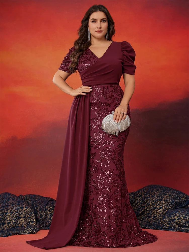 Plus Size Elegant Short Sleeve Sequins Formal Evening Dresses Women Luxury Mermaid Wedding Party Bridesmaid Gowns