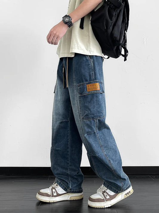 Men's Cargo Jeans with 5 Pockets Spring Summer All-Day Wide Leg Straight Baggy Jeans Brushed Warm Denim Pants Asian Size L-6XL