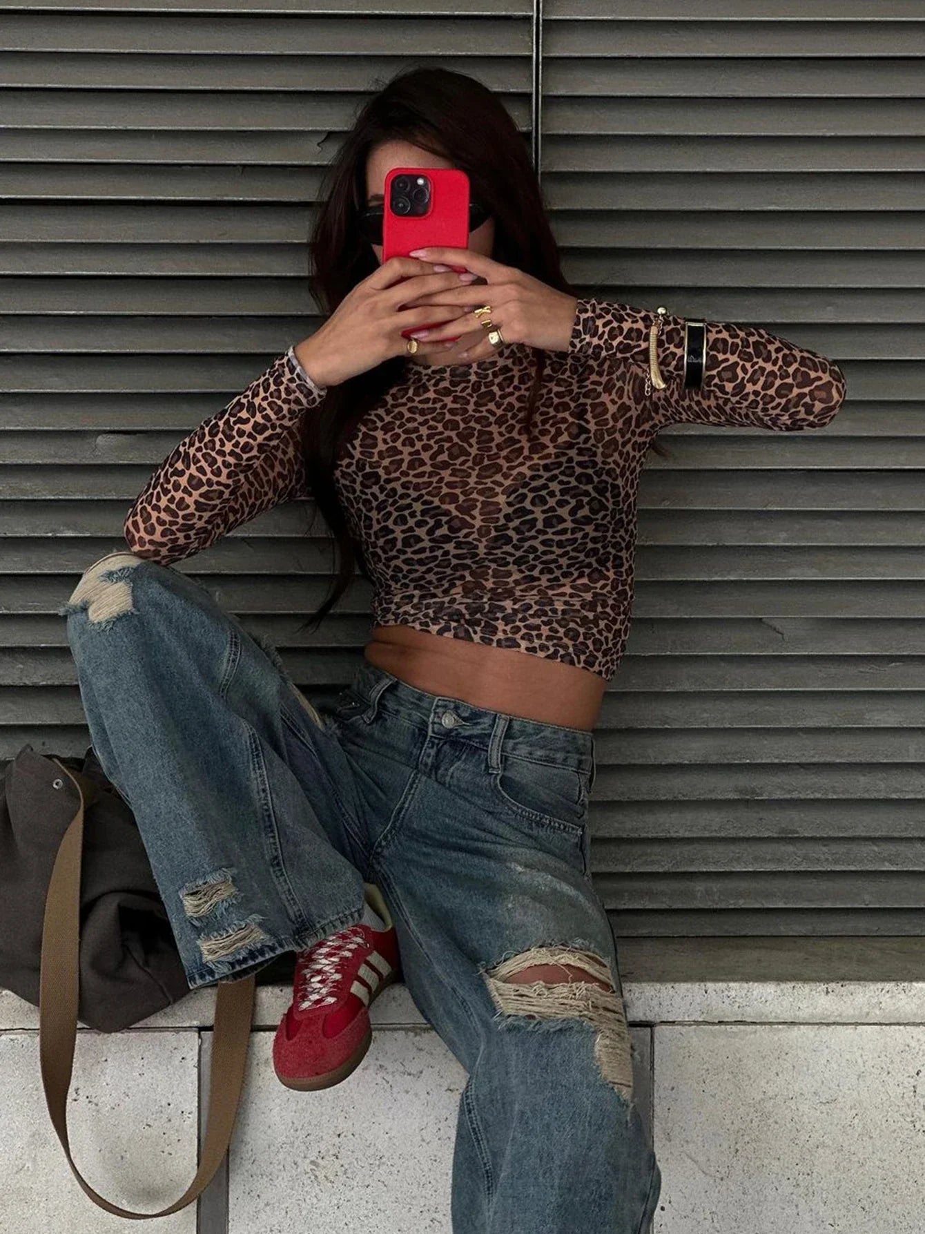 Sexy Long Sleeves Tops Mesh T Shirt Leopard Printed Bodycon Women Clothes Lady Party Club Streetwear Casual Nightout Y2K