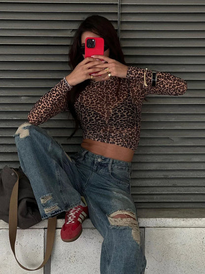 Sexy Long Sleeves Tops Mesh T Shirt Leopard Printed Bodycon Women Clothes Lady Party Club Streetwear Casual Nightout Y2K