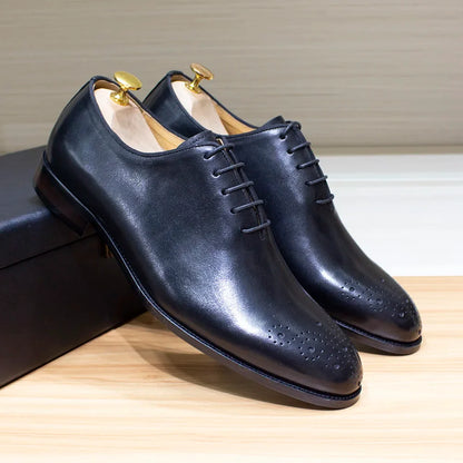 Genuine Leather Mens Formal Shoes Handmade Classic Whole Cut Oxfords Business Lace-up Plain Toe Wedding Dress Shoes for Men