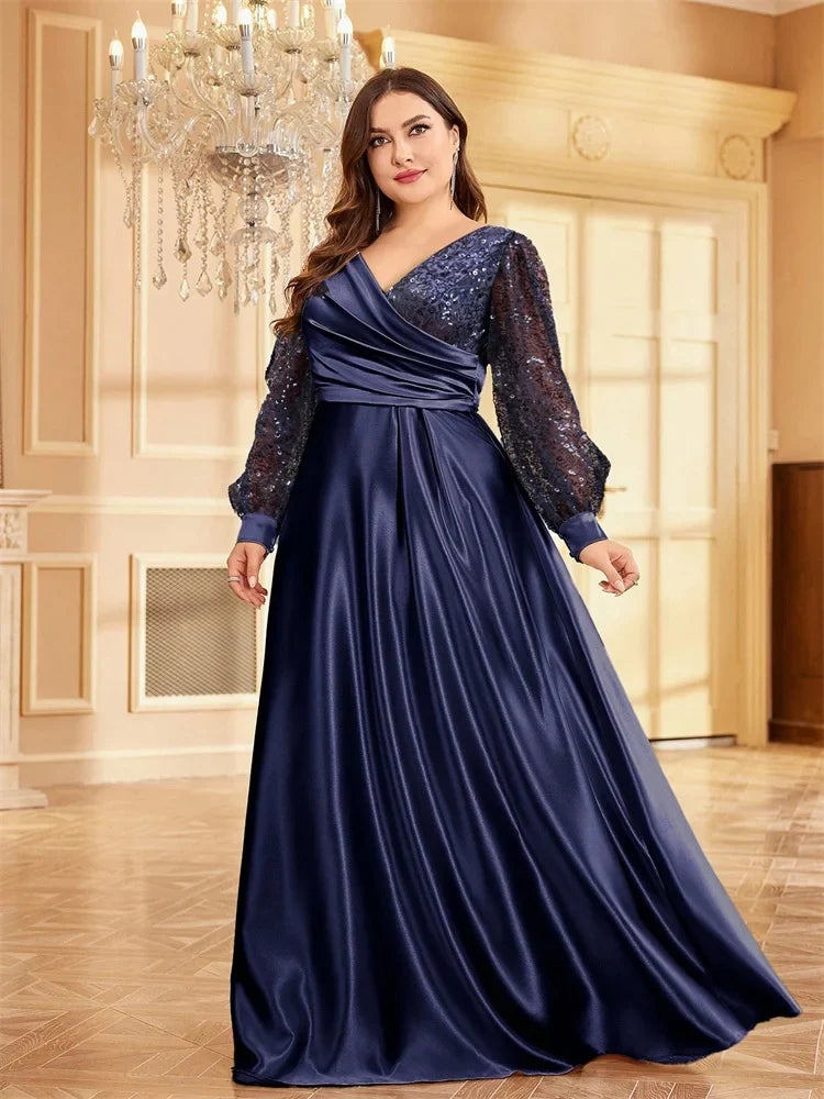 Plus Size Luxury Green V-Neck Sequin Evening Dress Elegant Women Party Maxi Dress Long Sleeve Cocktail Dress Graduation Prom