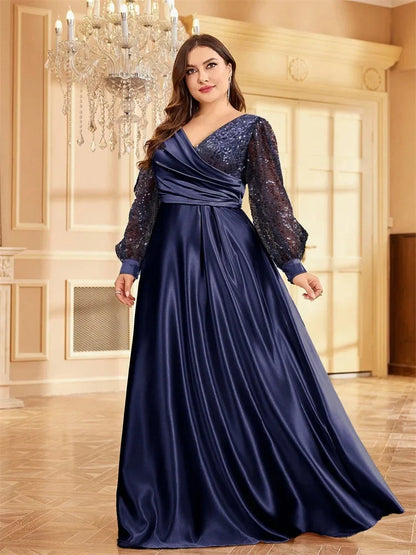 Plus Size Luxury Green V-Neck Sequins Evening Dress Elegant Women Party Maxi Dress Long Sleeve Cocktail Gowns Prom