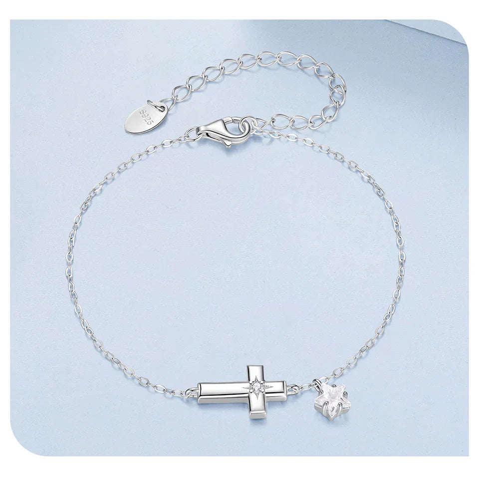 925 Sterling Silver Starlight Cross Bracelet Wrist Chain with Star Zircon Pendant Adjustable for Women Summer Daily Gift