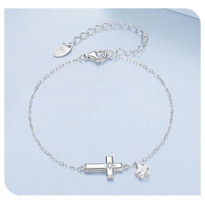 925 Sterling Silver Starlight Cross Bracelet Wrist Chain with Star Zircon Pendant Adjustable for Women Summer Daily Gift