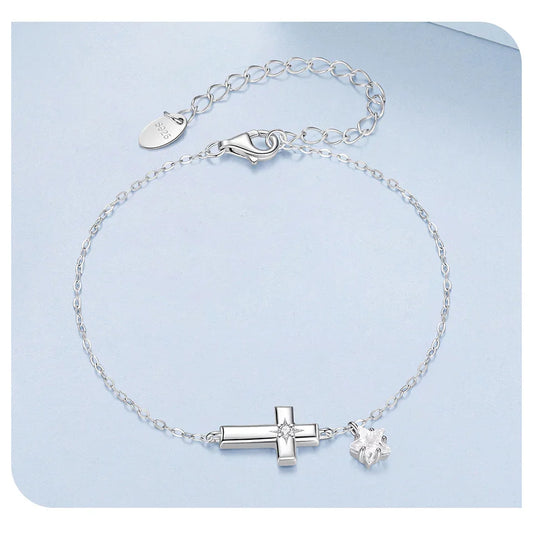 925 Sterling Silver Starlight Cross Bracelet Wrist Chain with Star Zircon Pendant Adjustable for Women Summer Daily Gift