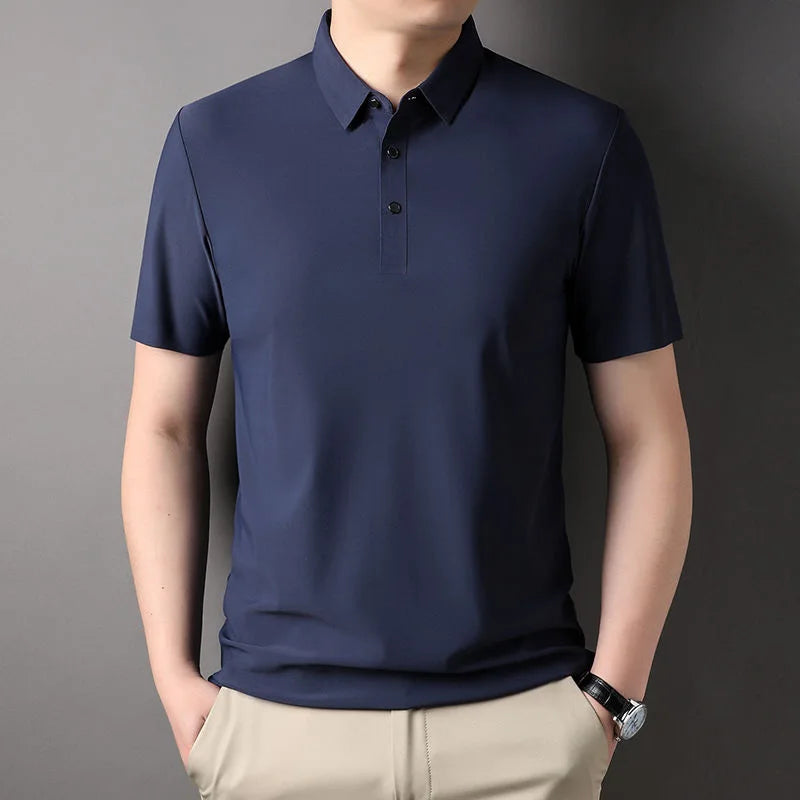 High quality wrinkle resistant ice silk short sleeve t-shirt men's summer Lapel loose casual solid color top high-end polo men