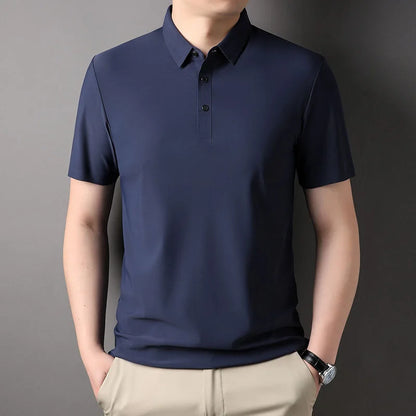High quality wrinkle resistant ice silk short sleeve t-shirt men's summer Lapel loose casual solid color top high-end polo men