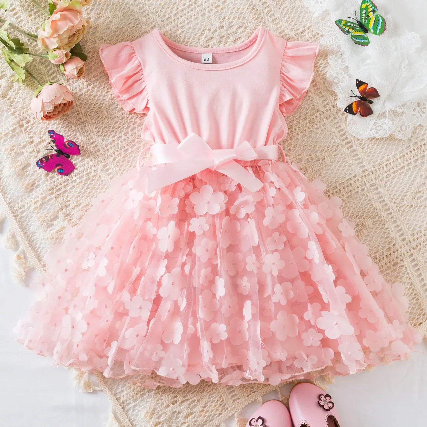 Summer Dress for Girls 2-6Y Bow Tutu Butterfly Kid's Princess Dress Elegant Wedding Party Dress