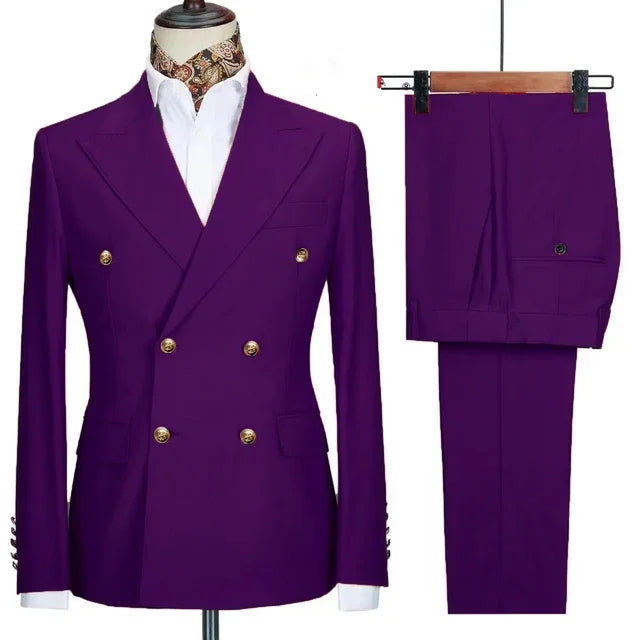 Double Breasted Men Suit Navy Blue High Quality Wedding Costume Party Prom Gold Buttons Groom Suits