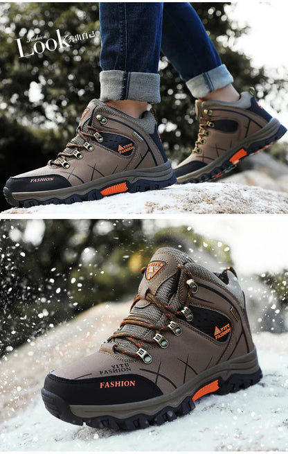 Winter Warm Cotton Shoes Men Outdoor Leather Black Casual Shoes Fur Sneakers High Top Rubber Ankle Boots Male Hiking Trekking 46
