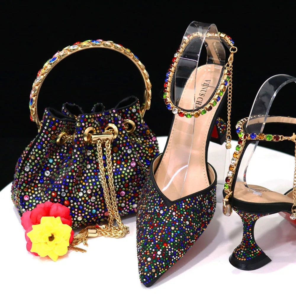 Pointed Shoes Bag Soft Handle Bag Anklet Design Medium Heel Ladies Shoes Suitable for Wedding Party