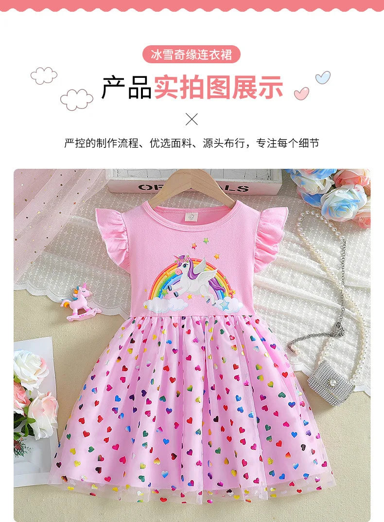 2026 Korean Style Girls Summer Unicorn Print Dress Short Sleeve Tulle Princess Gown Kids Casual Party Clothes for South Korea